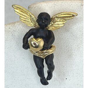 1990s Coreen Simpson Black Cherub Cupid Holding Heart Brooch, Signed, Vintage
